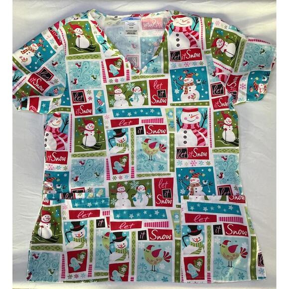 Scrubs Women's Scrub Top Small Blue Let It Snow Snowman V-Neck CHRISTMAS SCRUBS - Picture 1 of 2